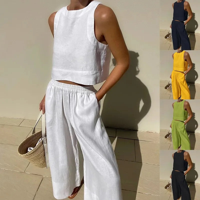 Women's Long Pant Sets Sleeveless Cropped Top Drawstring Elastic Waist Wide Leg Pants 2 Piece Set Casual Commute 2026 Summer New