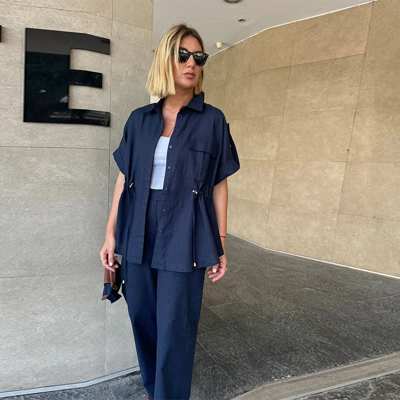Casual Drawstring Shirt Pants Set Women Lapel Button Short Sleeve Pocket Loose Top Wide Leg Pants 2025 Chic Summer Women's Suit