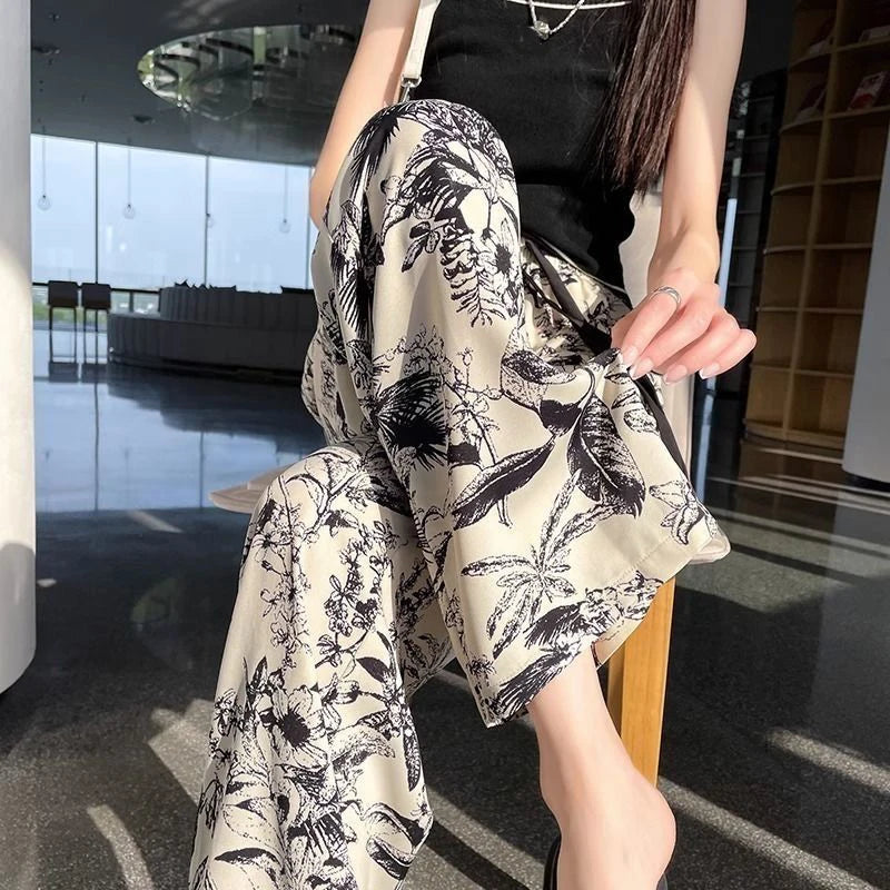 2025 Summer Sleeping Pants Women Thin Bottoms Spring Large Size Home Wear Pants Pajamas Flower Print Loose Cute Beach Trousers