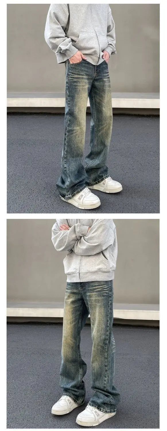 Mens Vintage Washed Distressed Loose Flare Denim Jeans