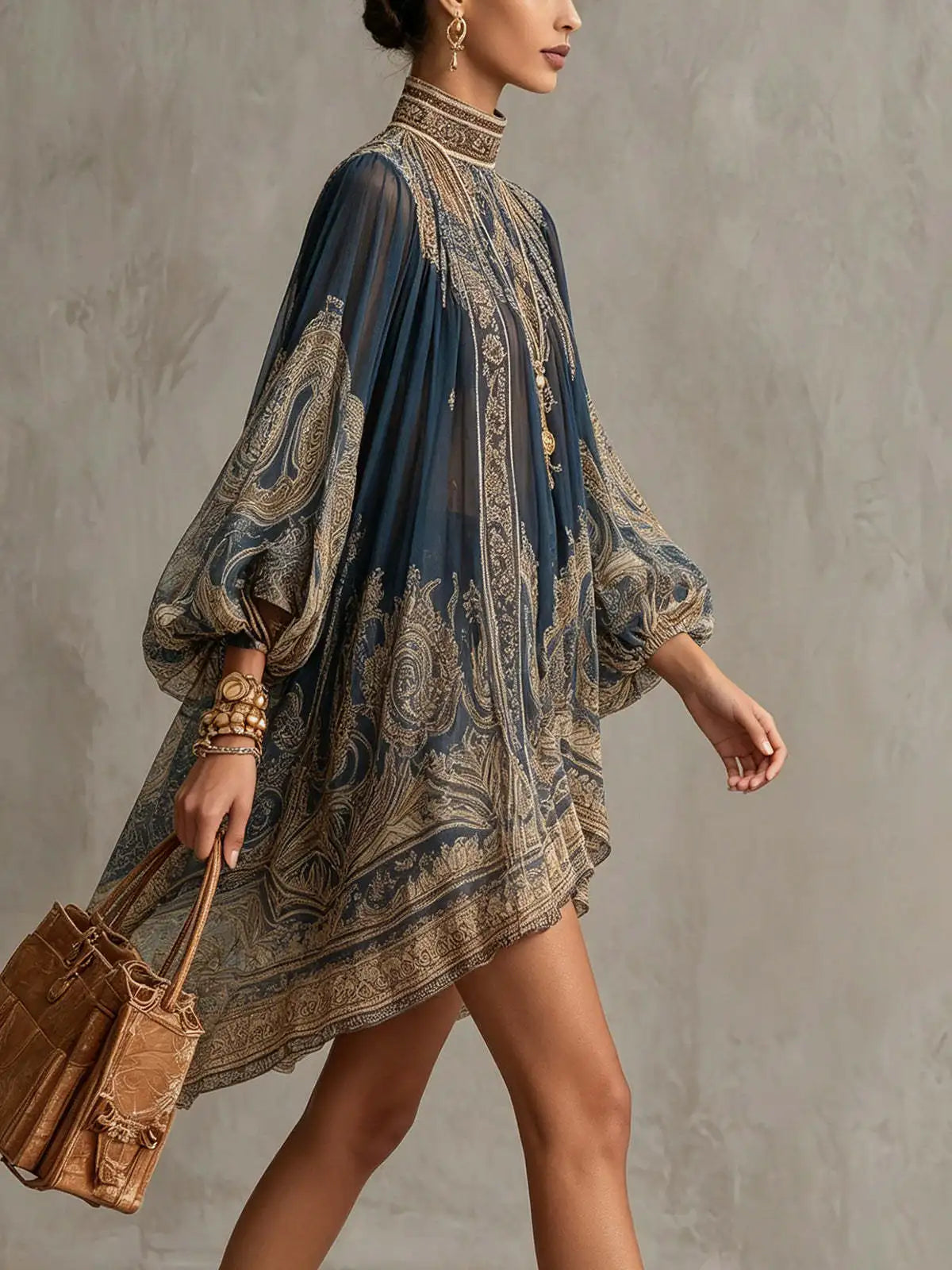 2026 New European and American Turtleneck Printed Chiffon Dress Loose Vacation Style Shawl Long-Sleeved Women's Dress