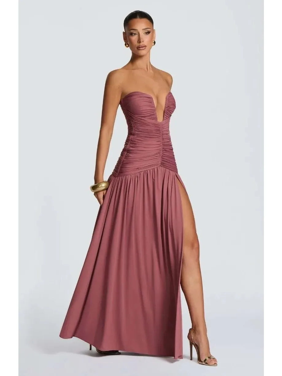 Women's Strapless Pleated High Slit Long Skirt Sexy Pure Color mid Waist Polyester Fiber V-neck Sleeveless Slim Fit Dress
