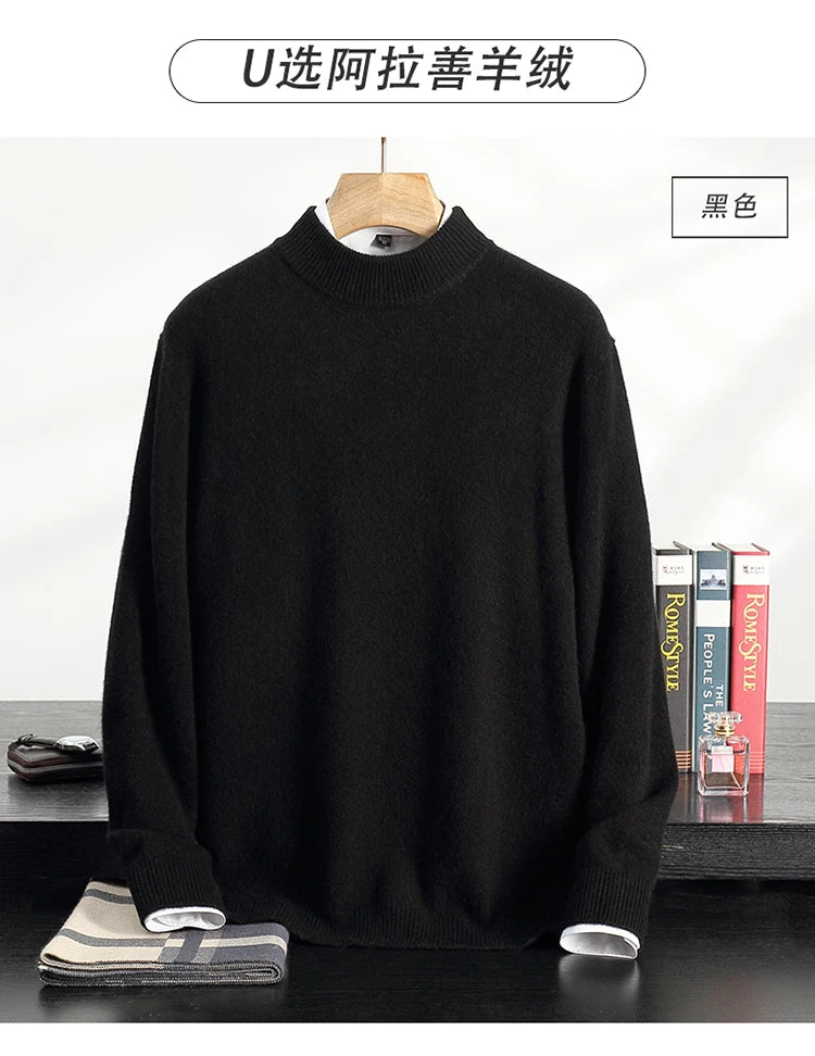 Autumn/Winter Men's 100% Cashmere Pullover Business Casual Solid Knitted Sweater Loose Half High Neck Tops Thick Warm Jumper