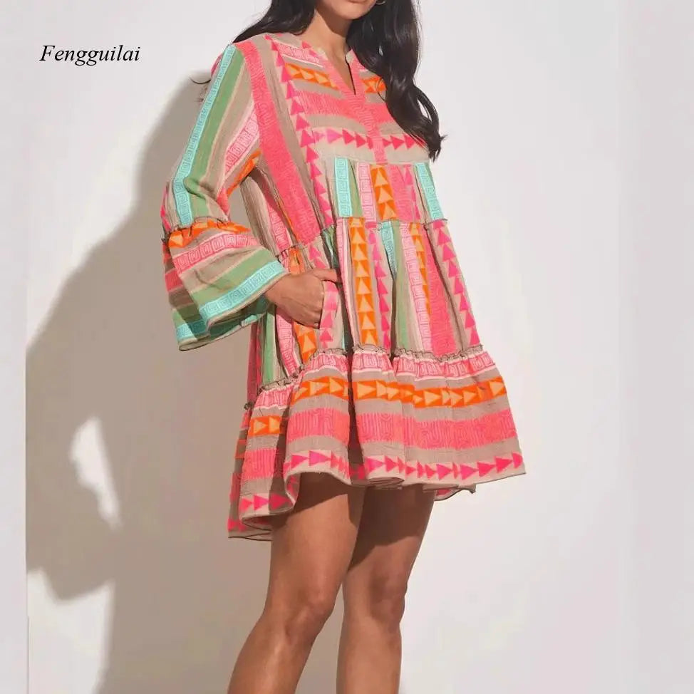 Colorful Boho Tiered Mini Dress with Bell Sleeves, V-Neck Geometric Embroidered Dress, Summer Beach Casual Dress