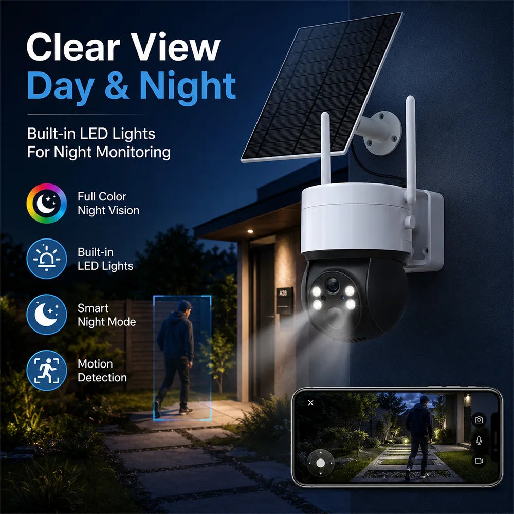 Solar WiFi Camera 3MP TUYA Smart Outdoor PTZ Security Camera Solar Powered 2-Way Audio Full Color Night Vision PIR Alerts IP66