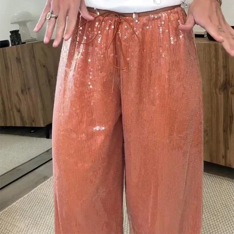 Solid Sequin Elastic Waist Pants Women Loose Fashion Lace Up Wide Leg Trousers Female 2026 Spring Summer Chic Streetwears Outfit