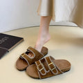 Women's Flat Slide Sandals Open Toe Suede Look Double Buckle Strap Slip on Whipstitch Detail Casual Summer Daily Walking Shoes