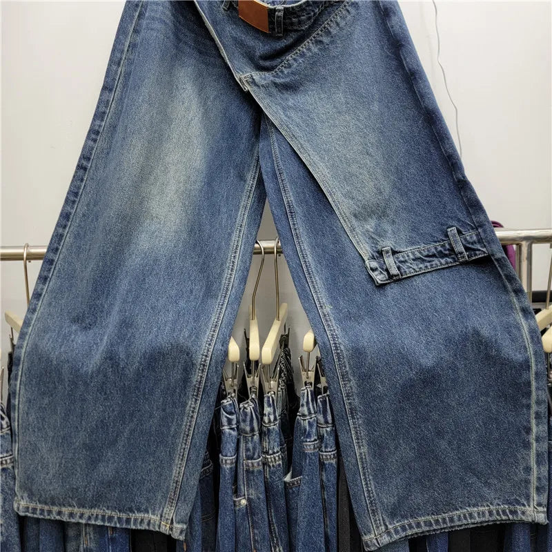American Retro Hot Chick New Spring Autumn Wide Leg Jeans Personality Denim Splicing All-match High Waist Blue Straight Pants