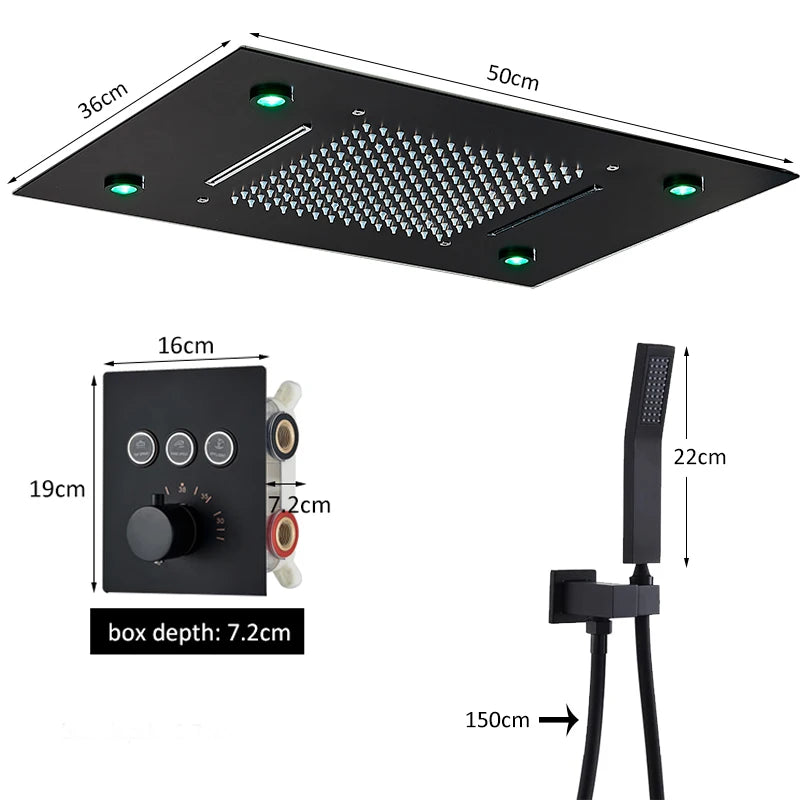 Digital Display Thermostatic Rain Shower System Set 14 X 20 Inch Waterfall Rainfall LED Ceiling Shower Head with HandShower