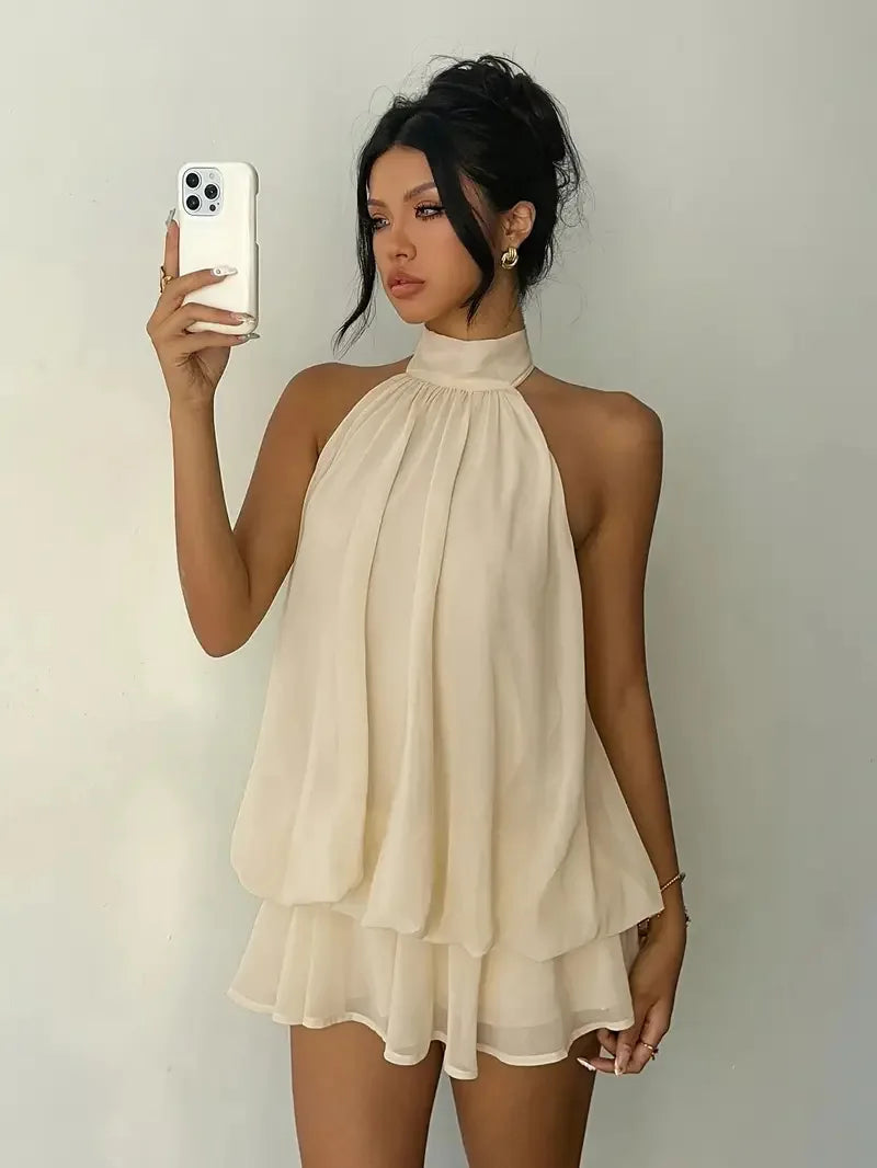 Women Halter Neck Backless Tie Mini Dress Summer Sleeveless Chiffon Ruffle Short Dresses Sexy Club Party Beach Vacation Outfit