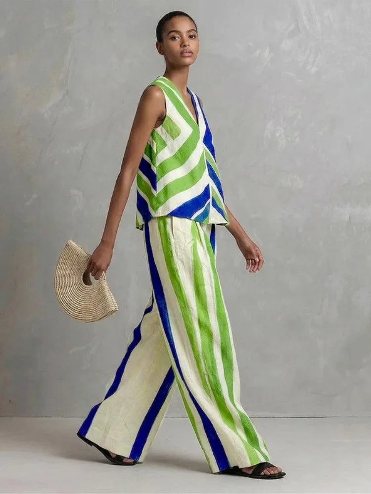 UOOZEE 2026 New Boho Vacation 2 Piece Set Women Fashion Contrast Color Striped V-Neck Tank & Elastic High Waist Wide Leg Pants