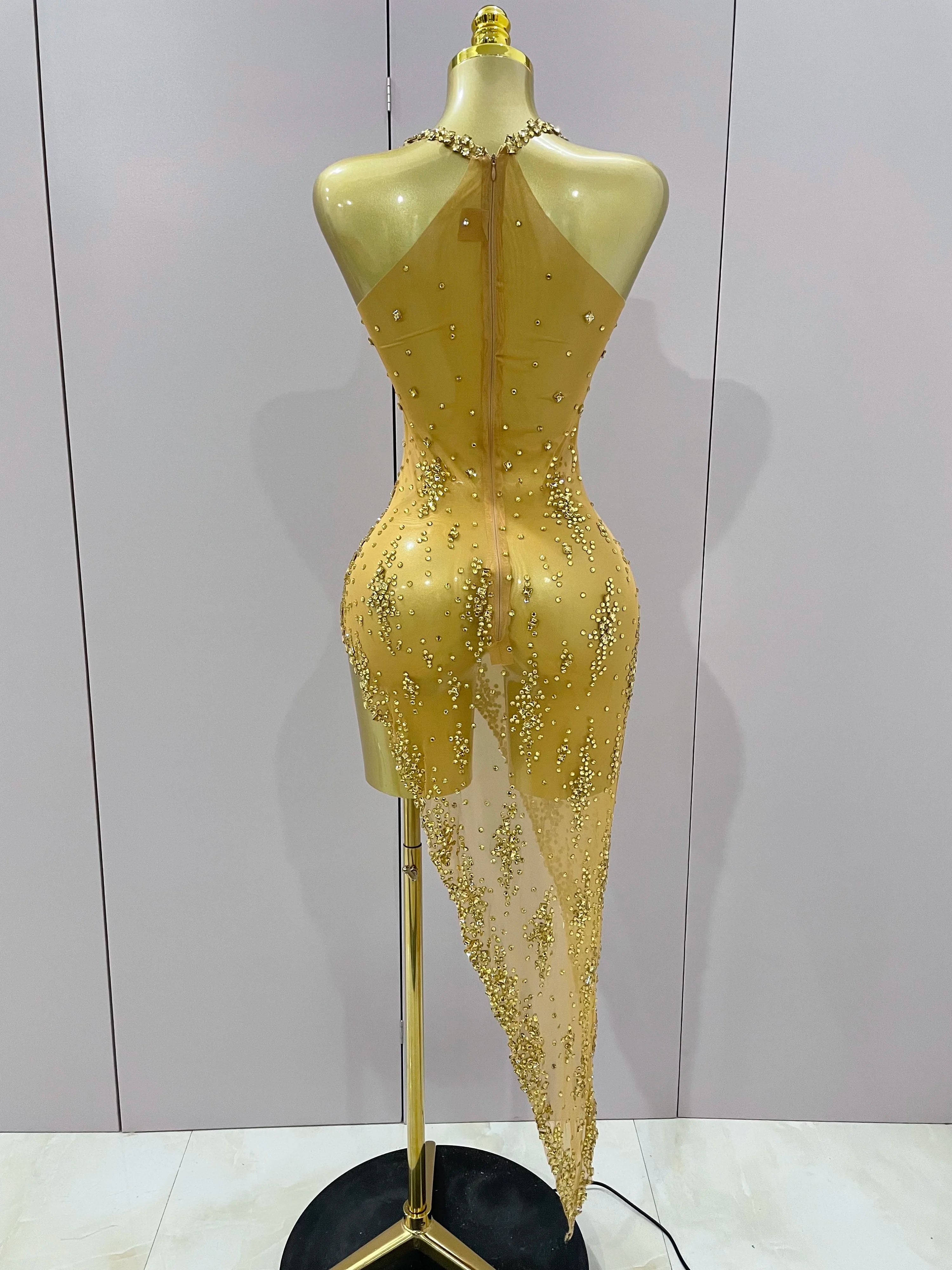 2025 New Sparkly Rhinestone V Neck Stretch Mesh Sexy See Through Dress Women Elegant Party Celebrate Perform Costume Stage Outfi