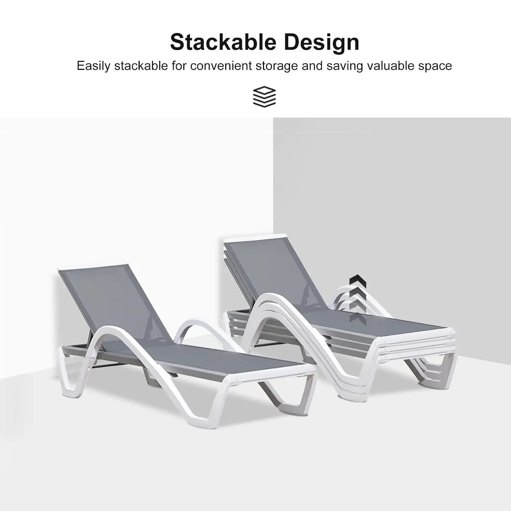 Stackable Plastic Chaise Lounge, 6-Position Reclining Flat Lay, PP & Textilene, Wheels, Outdoor Patio, Customized