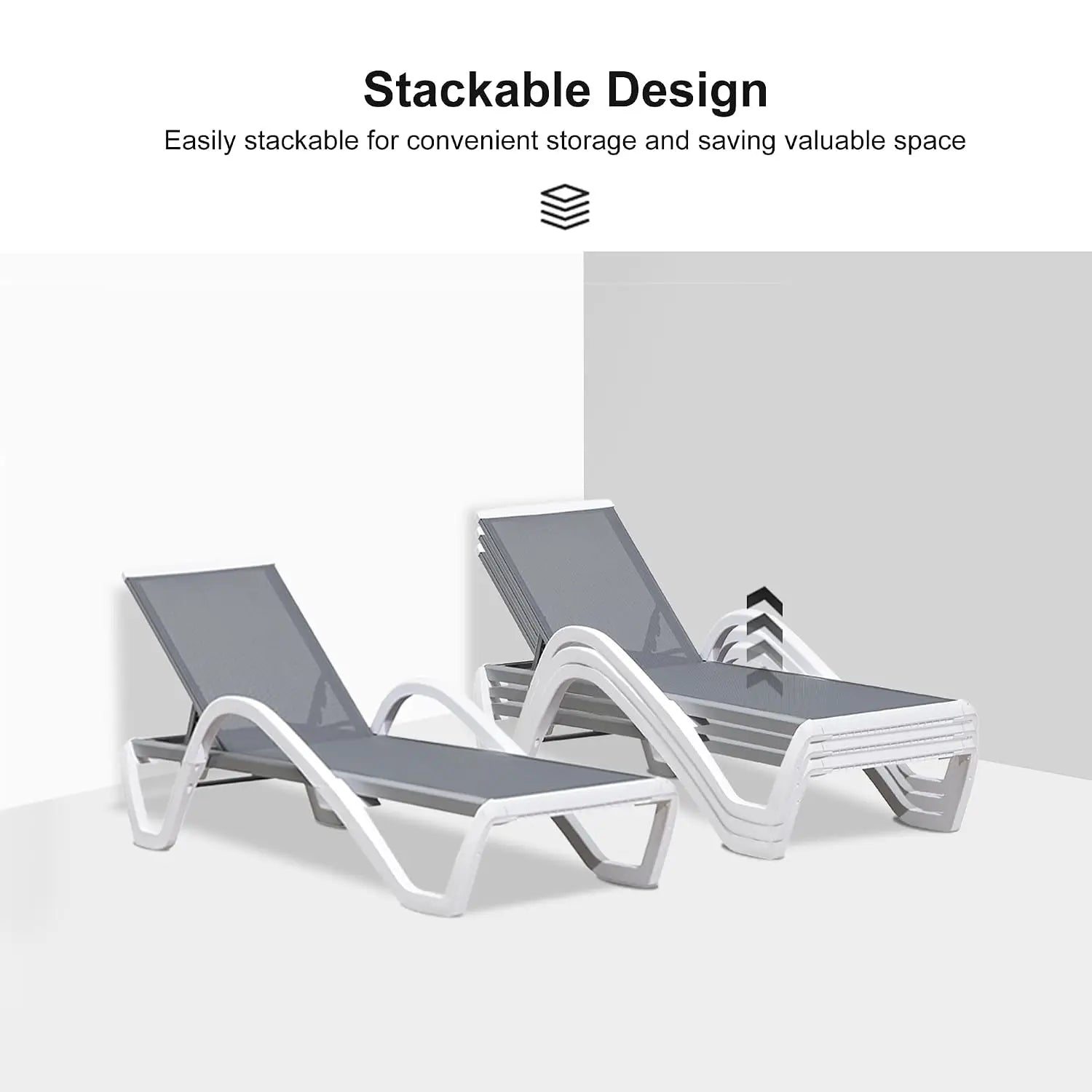 Stackable Plastic Chaise Lounge, 6-Position Reclining Flat Lay, PP & Textilene, Wheels, Outdoor Patio, Customized