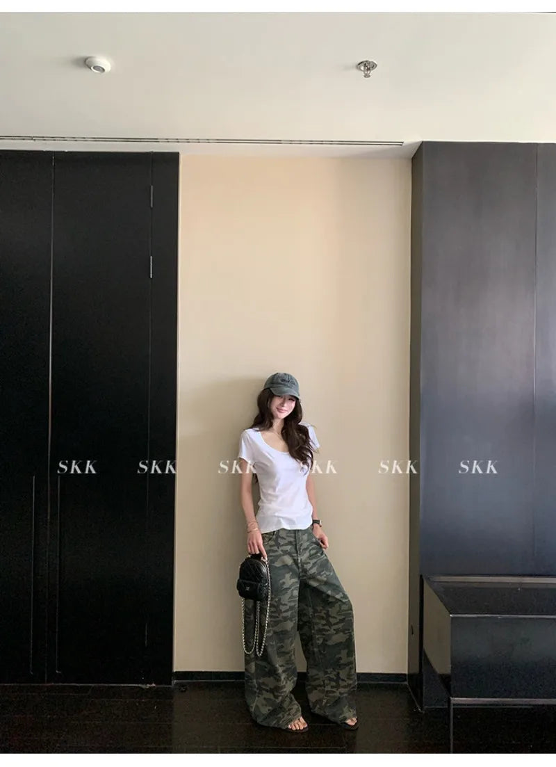 YJKDYK High Waist Camouflage Workwear Jeans Women's Autumn Spring American Retro Wide Leg Floor-Length Pants Trendy High Street