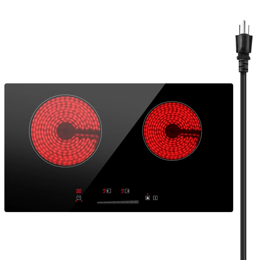 Electric Cooktop, 24 inch 2 Burners Built-in Electric Stove Top, 1800W Ceramic Top Radiant Cooktop with Glass Panel, Touch