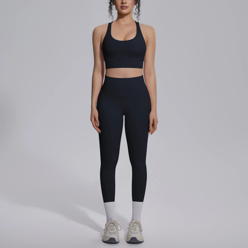 2PCS Yoga Set Summer Gym Sports Running Yoga Clothing Solid Color Cross Bra Workout Top High Waisted Quick Drying Fitness Pants