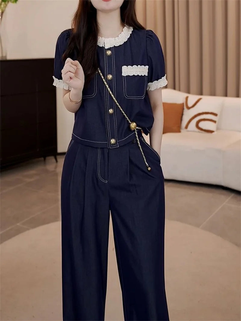 Spring Summer Ladies Short Sleeve Pants 2PCS 2026 Female Tops Pantalons Two-piece Suit Korean Women Fashion Round Neck Trousers