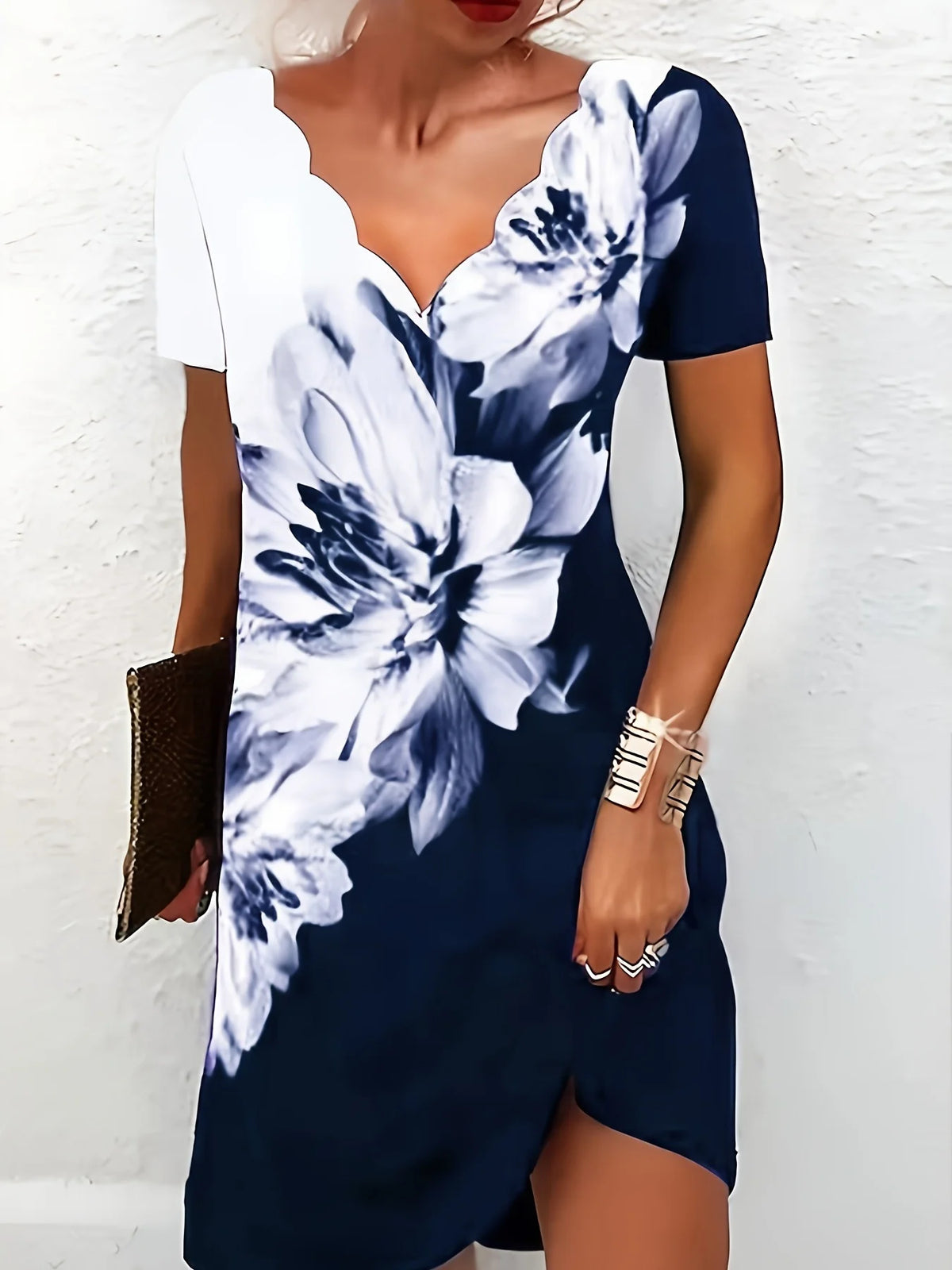 Women Floral Print Dress Wavy V Neck Short Sleeve Casual Summer Party Dresses Ladies Loose Tunic Dress