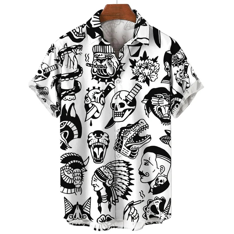 3D retro digital printed men's lapel short sleeved shirt