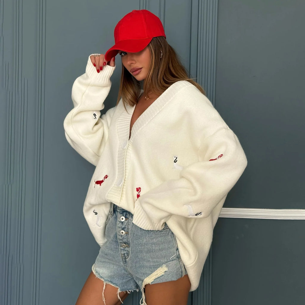 2025 Fall Winter Sweater Women Loose Cardigan Dachshund Embroidery Cute Sausage Long Sleeve Jacket Coat Casual 58917