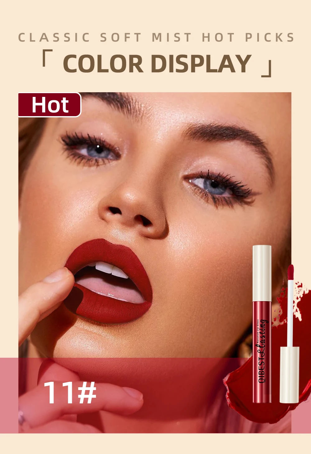 QIBEST Sexy Red Lip Gloss Long Lasting Velvet Matte Liquid Lipstick Waterproof Lip Makeup Nonstick Cup Purple Lip Tint Black