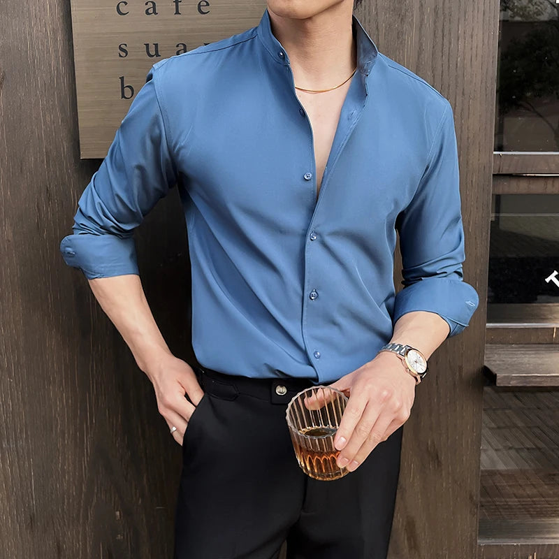 Business Dress white Shirt for Men 2026 British style Long Sleeved Solid Color Casual Elastic Slim Fit Shirt for Men's Clothing