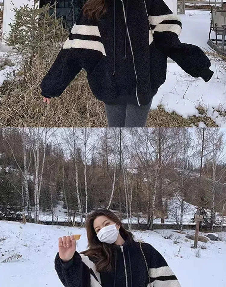 Women Causal Color Block Fleece Jacket Drawstring Zip Up Loose Contrast Striped Warm Winter Coat for Daily