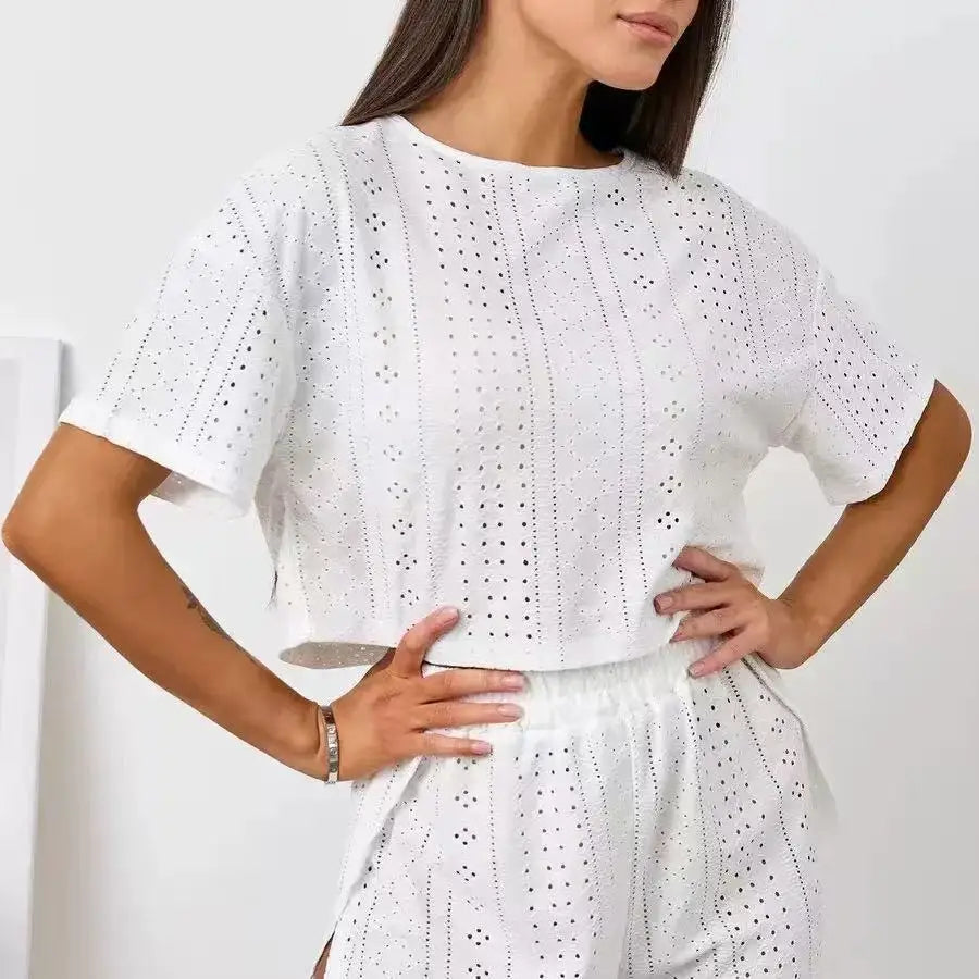 Ladies Summer Solid Color Hollow-out Short Sleeve Shorts Set Girl Student Homewear Women Casual Outside Home Loose Two-piece Set