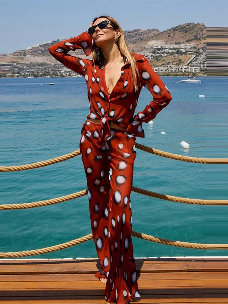 Beach Vacation Printed Shirt Pant Set Women Red See Through Lapel Full Sleeve Button Shirts Pants Suit 2026 Summer Casual Outfit