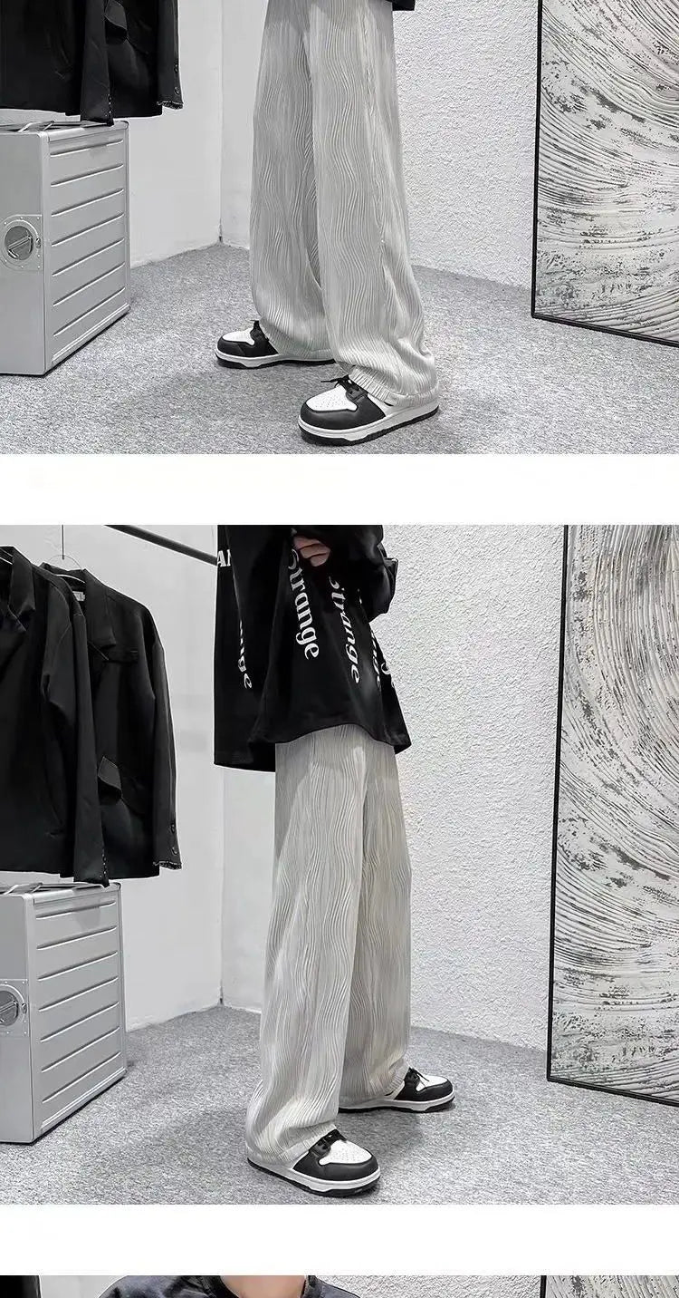 Summer Korean Fashion Simple Ice Silk Wide Leg Pants Men Solid Elastic Waist Pockets Thin High Street Loose Straight Trousers