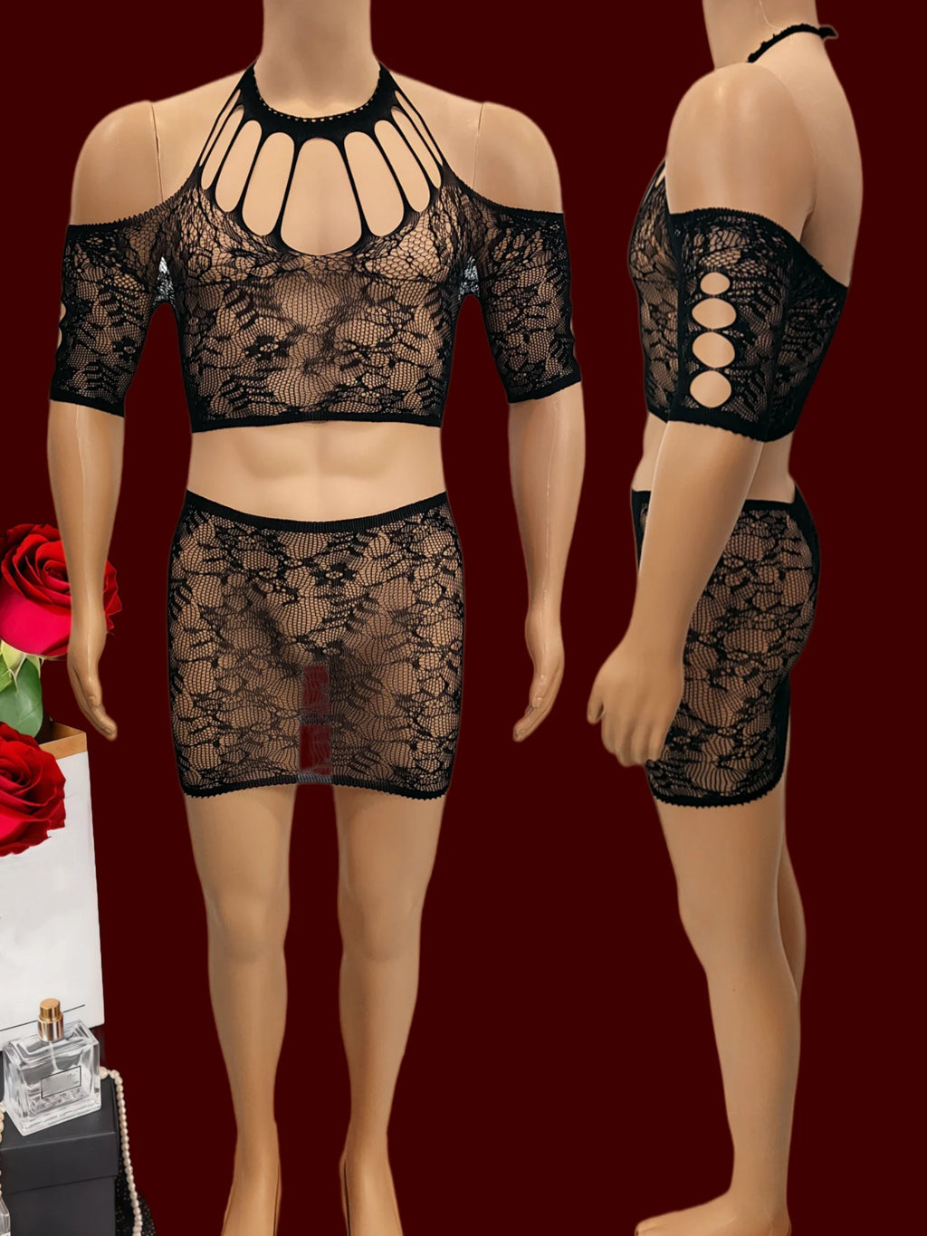Men Hollow Out Fishnet Lingerie 2Pcs Set Multi Color See Through Mesh Halter Crop Top Briefs Sexy Sleepwear For Club Honeymoon