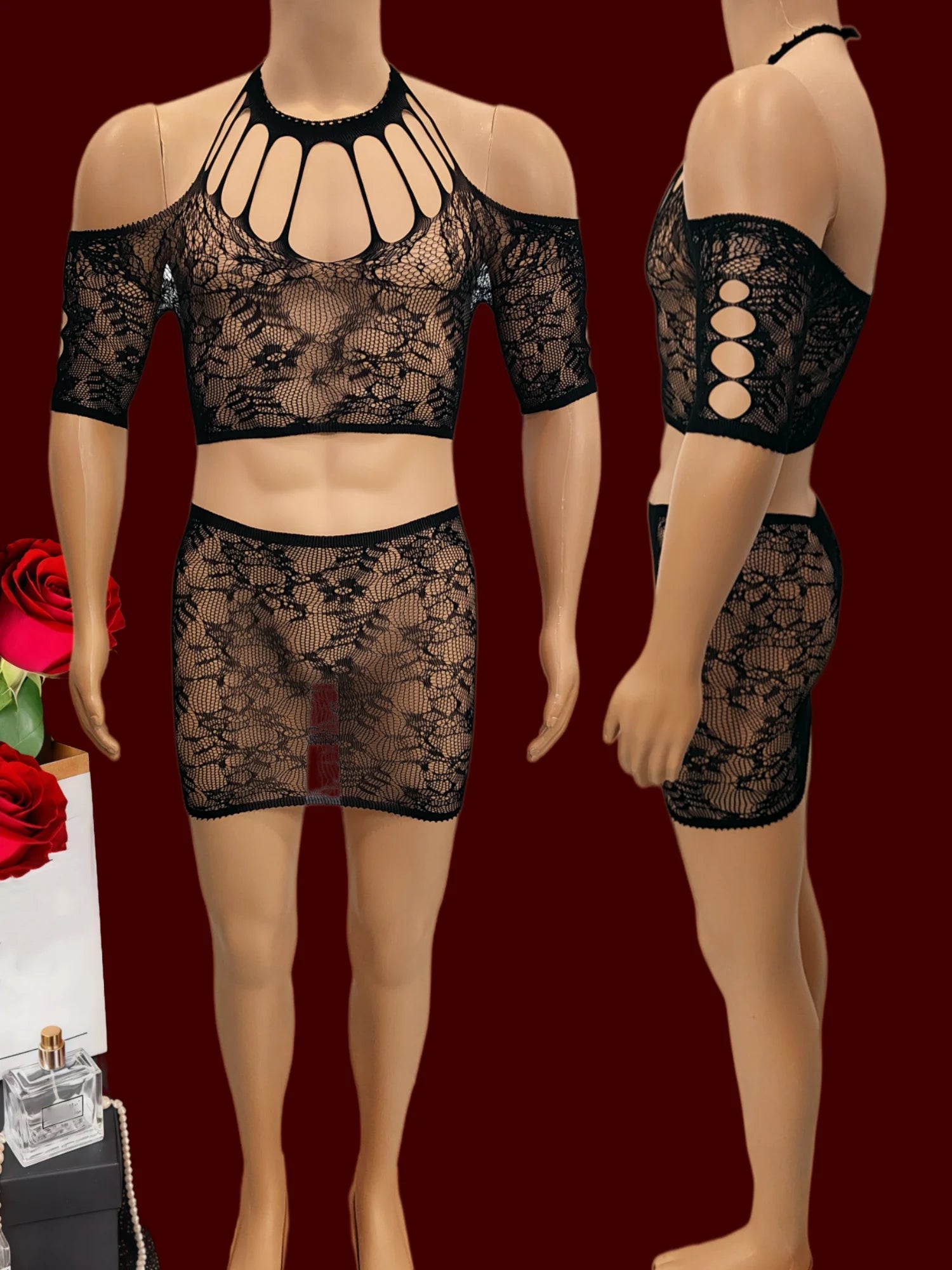 Men Hollow Out Fishnet Lingerie 2Pcs Set Multi Color See Through Mesh Halter Crop Top Briefs Sexy Sleepwear For Club Honeymoon