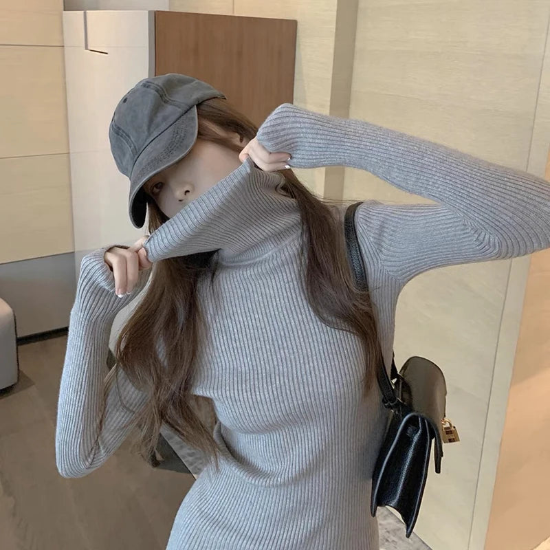 V-neck Knitted Slim Fit Stretchy Basic Long Sleeve Fall Casual Women Mini Dress