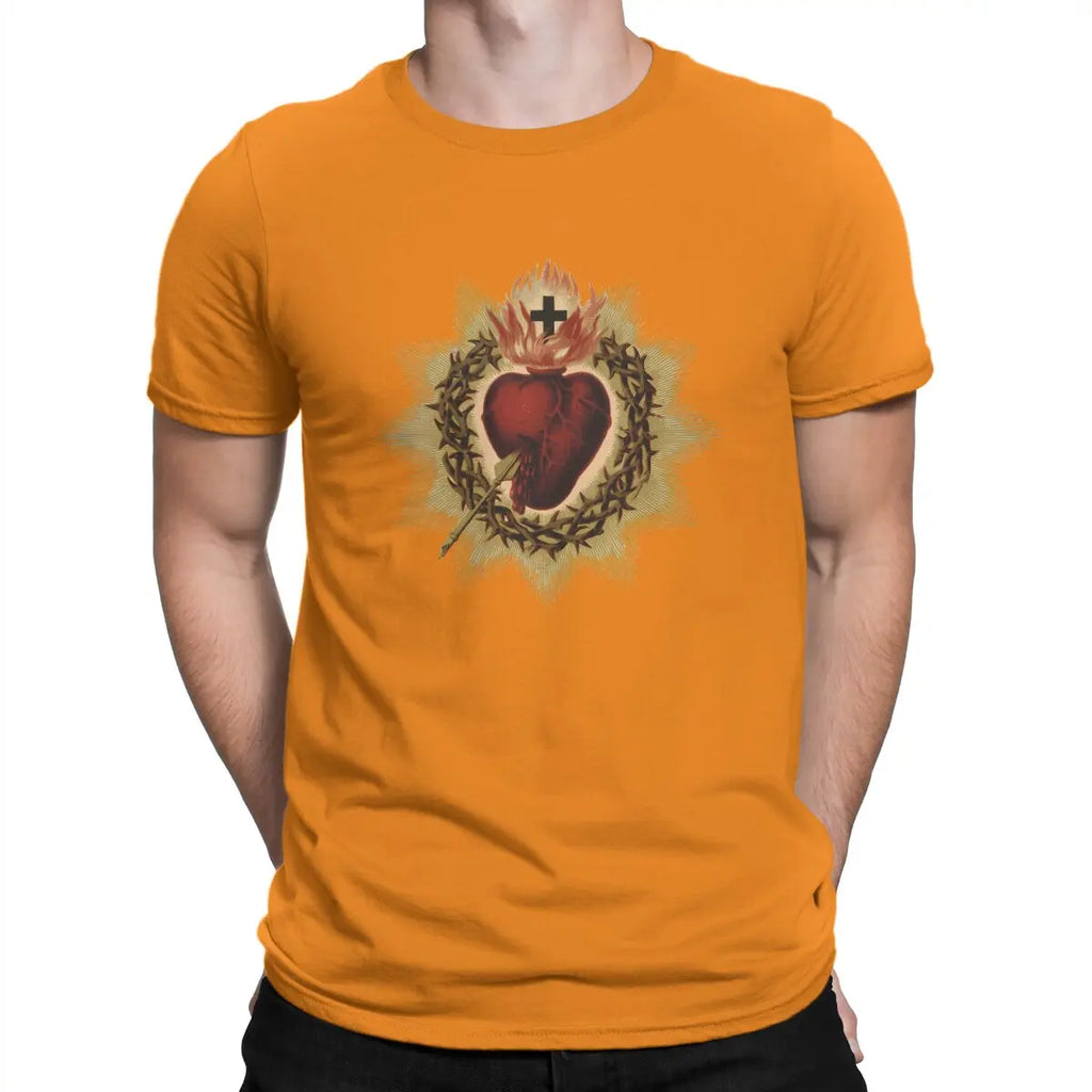 Sacred Heart  Catholic T Shirt Men Cotton Vintage T-Shirt Crewneck Jesus God Cross Tee Shirt Short Sleeve Clothing Gift Idea