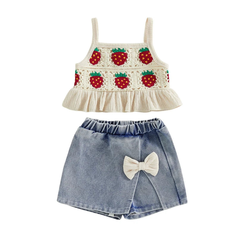 Toddler Kids Girls Clothing Set Strawberry Crochet Cami Tops and Bow Denim Skorts Jeans Outfits Set Clothes Children's Set