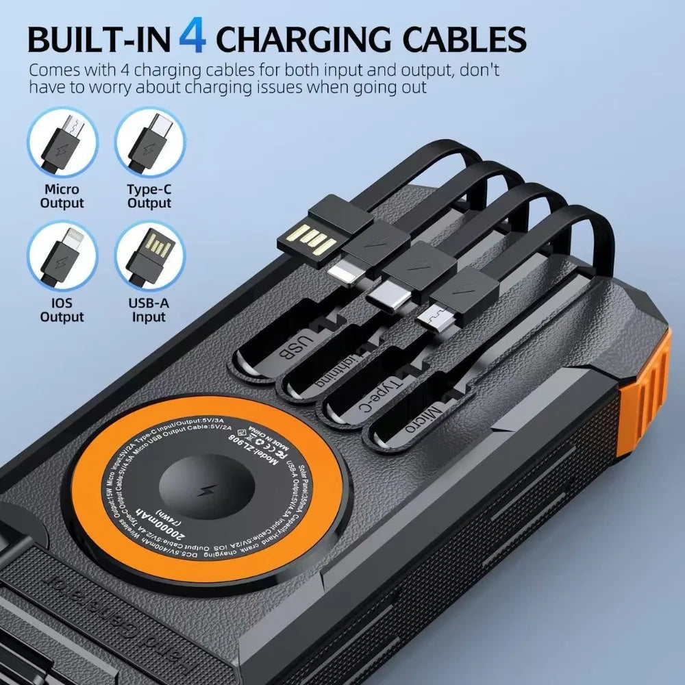 New 50000mAh Solar Power Bank Hand Crank Generator Portable Outdoor Emergency Charger with 4 Built-in Cables Dual LED Flashlight