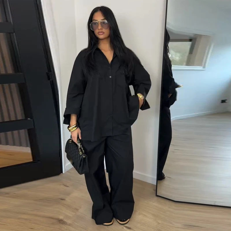 Loose Striped Contrast Wide Leg Pants Set Women Oversized Lapel Single Breasted Shirt Trousers 2026 Summer Lady Casual Outfits