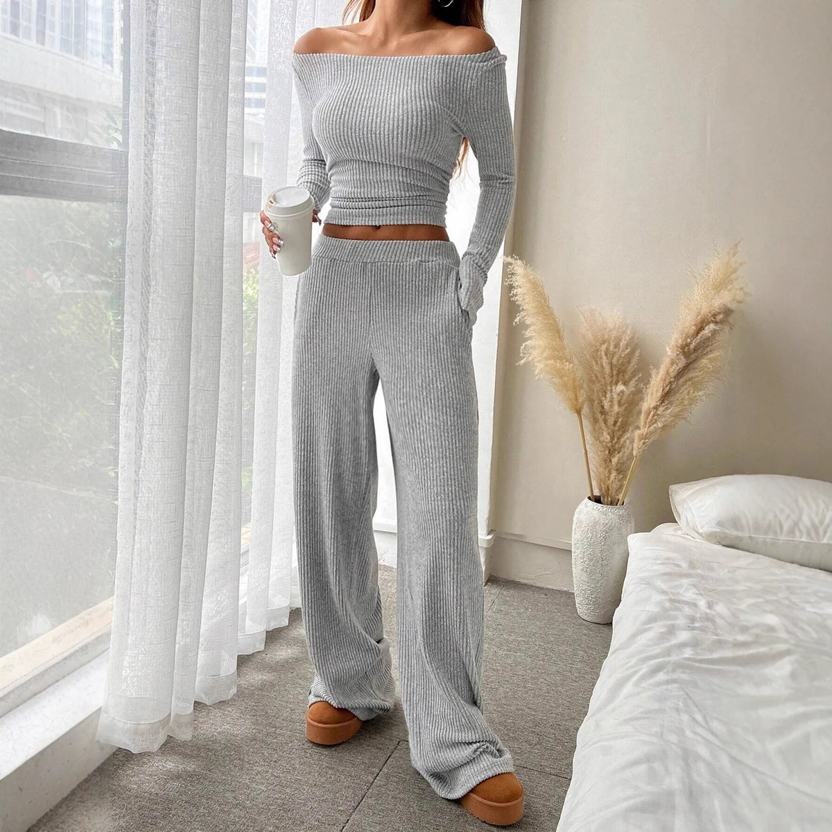 2025 Women's Autumn/Winter New Collection Solid Color Casual Long Sleeve Boat Neck Top Elastic Waist Wide Leg Pants Set Versatil