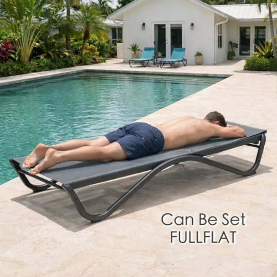Outdoor Chaise Lounge for Poolside, Sunbathing Backyard: All Aluminum Frame + Textilene Fabric, Fully Flat Adjustable Reclining