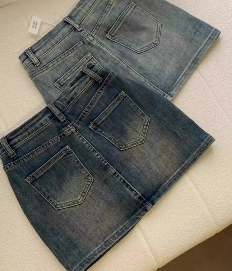 Sexy Retro Denim Skirt Women Anti-Light High Waist A-Line Slimming American Hot Girl Wrap Body Skirt Summer Fashion Mini Skirt