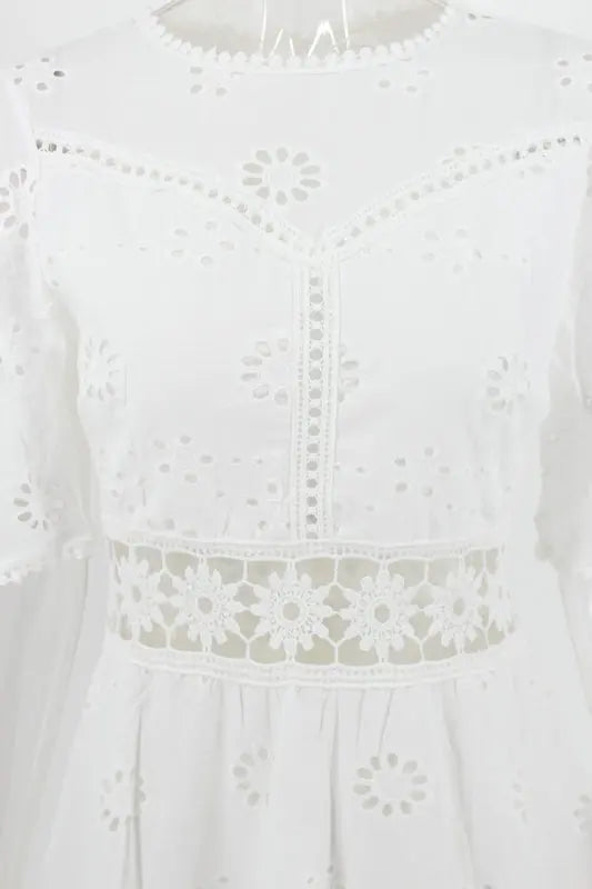 WildPinky Flare Sleeve Cotton White Lace Dress Women Casual Ladies Summer High Waist Short Dress Backless Hollow Out Vestidos