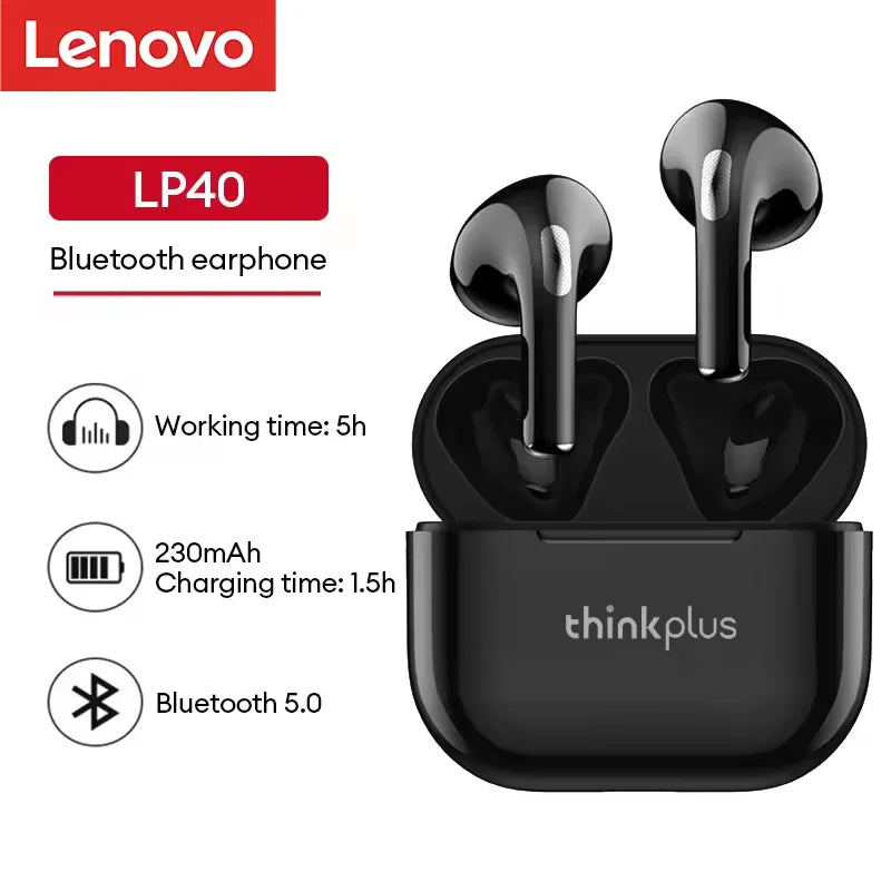 Lenovo LP40 Earphones TWS Wireless Bluetooth 5.0 Earbuds Bass Touch Control Stereo Noise Reduction Long Standby Original Choice