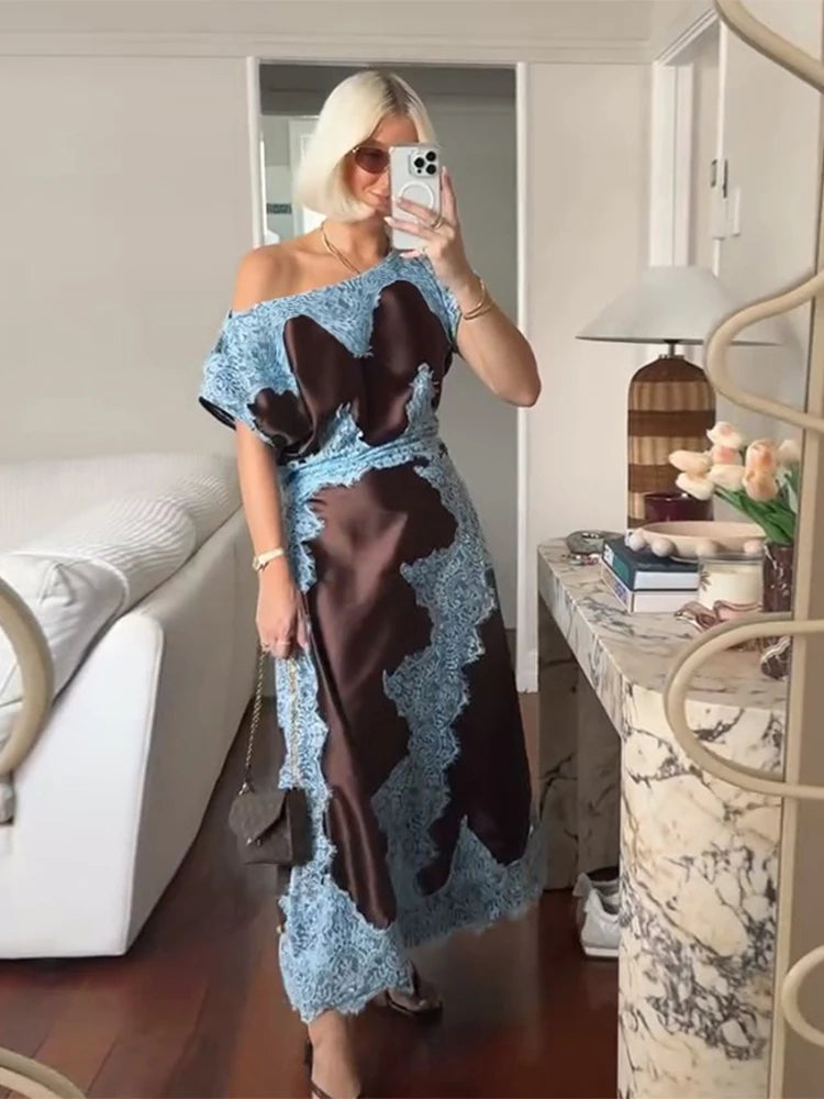 Elegant Lace Patchwork Long Women's Dress Urban Skew-collar Short Sleeve Empire Female Dresses 2026 Summer Vacation Lady Robe
