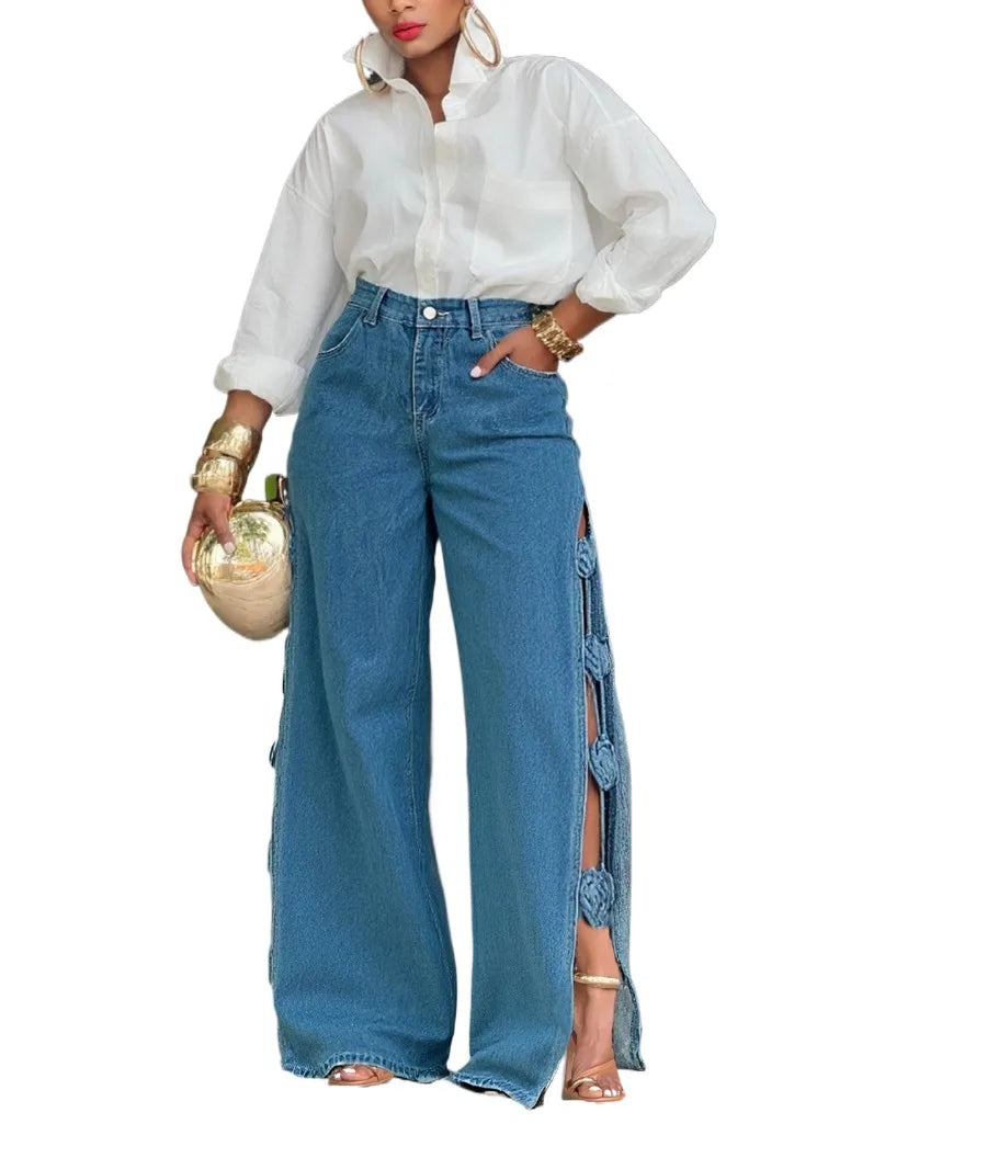 New Women's Jeans Patchwork High Waist Washed Distressed Loose Wide Leg Trousers Fashion Hollow Out Streetwear Retro Denim Pants