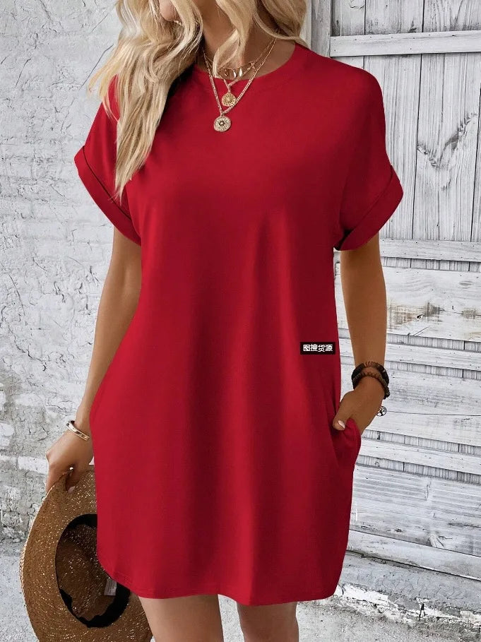 New women's spring and summer fashionable temperament casual commuting solid color round neck loose short sleeved pocket dress
