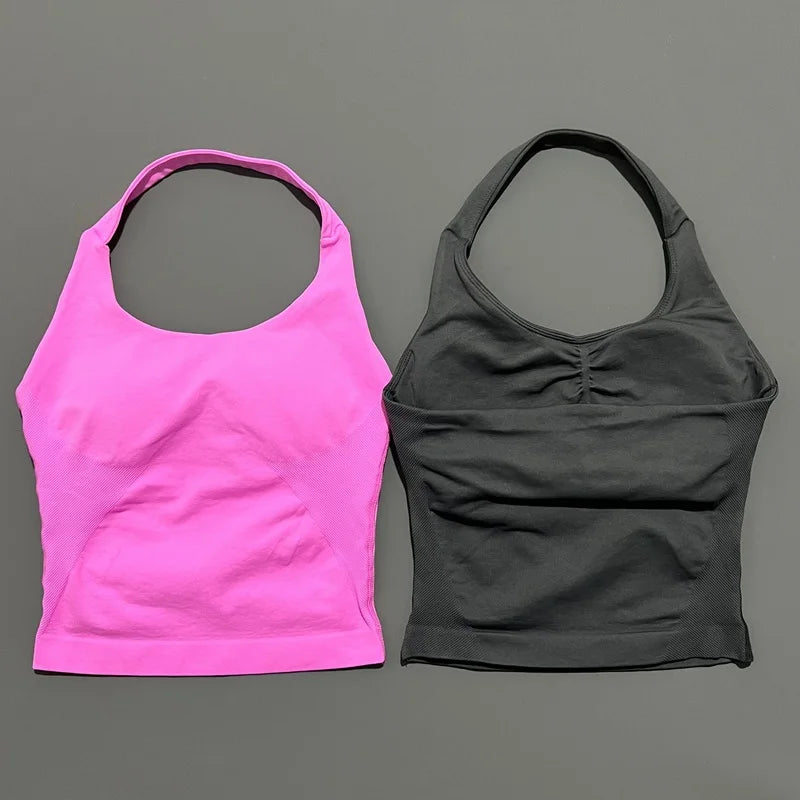 HISTELLO Sports Halter Top Seamless Longline Strappy Gym Tank Top Women Yoga Clothing Workout Fitness Sportswear Pilates Vest