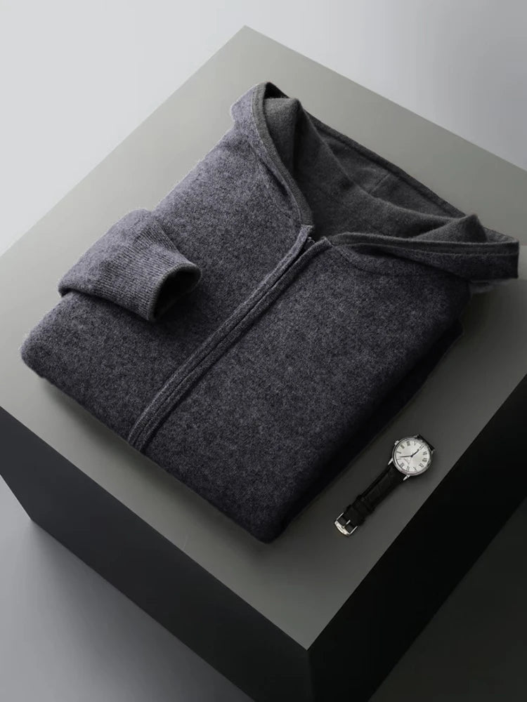 New Men's 100% Merino Wool Double Sided Wearable Hooded Sweater Casual Autumn Winter Coat Long Sleeved Men's Wool Sweater Tops