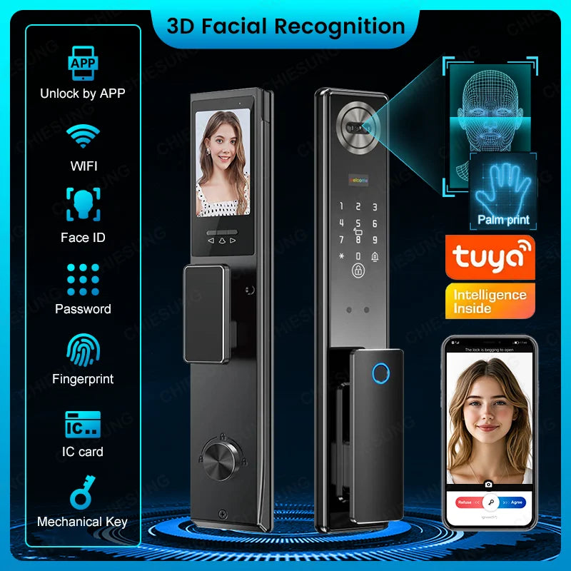 Wifi Tuya APP 3D Face Recognition Smart Door Lock With Camera Video Call Voice Intercom Digital Door Lock Automatic Door Lock