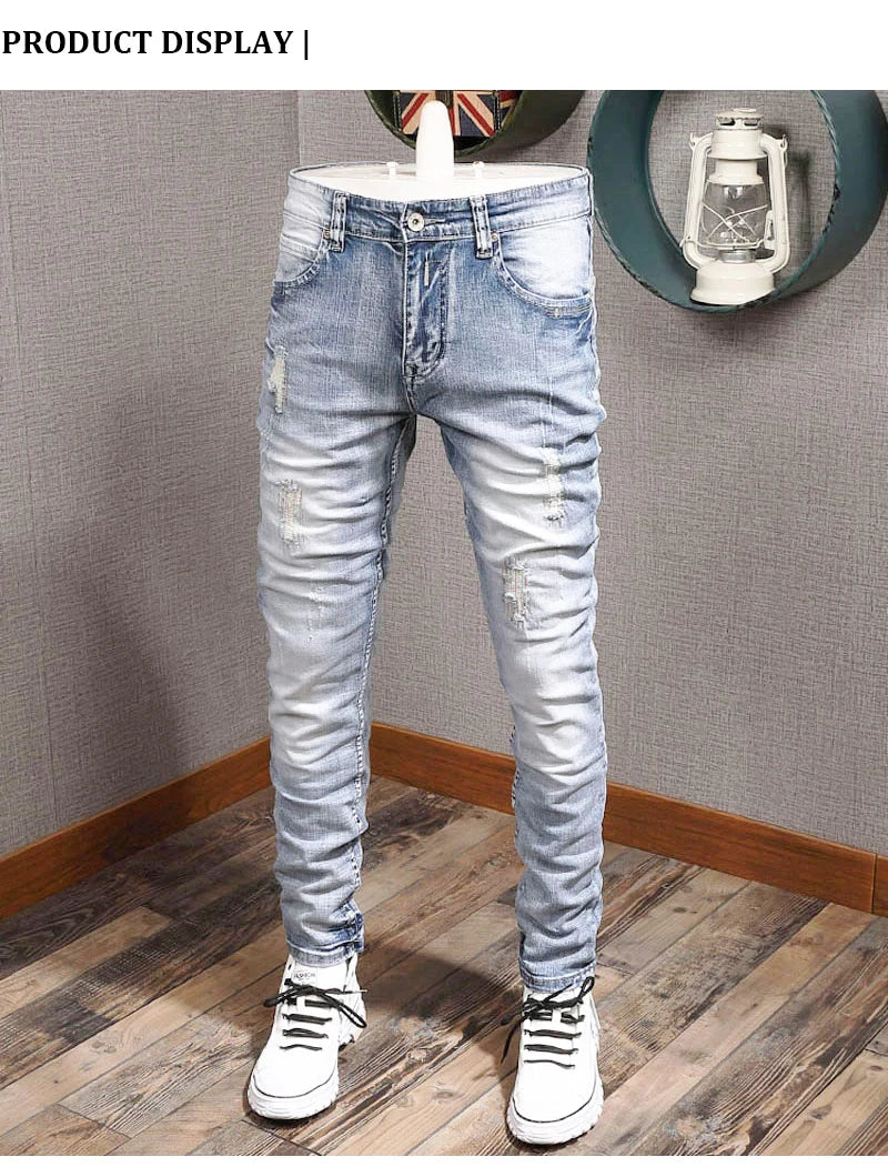 Streetwear Fashion Men Jeans Retro Light Blue Elastic Slim Fit Ripped Jeans Men Embroidery Designer Vintage Casual Denim Pants